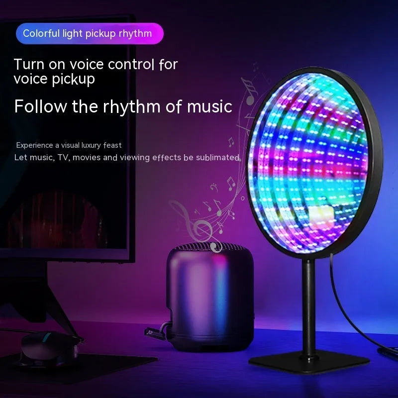 Creative Tunnel Multi-layer LED Mirror Ambience Light with remote control on a wooden table