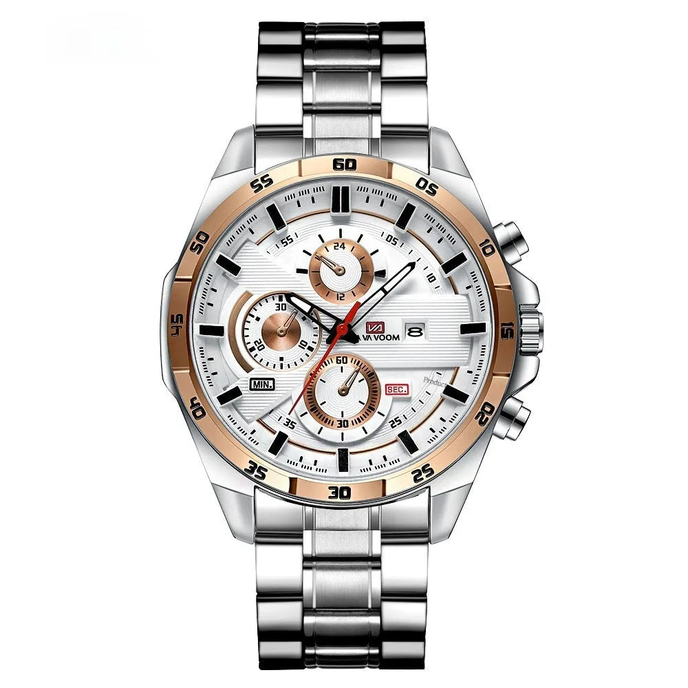 Business casual quartz watch with calendar display and water-resistant construction in multiple colour options