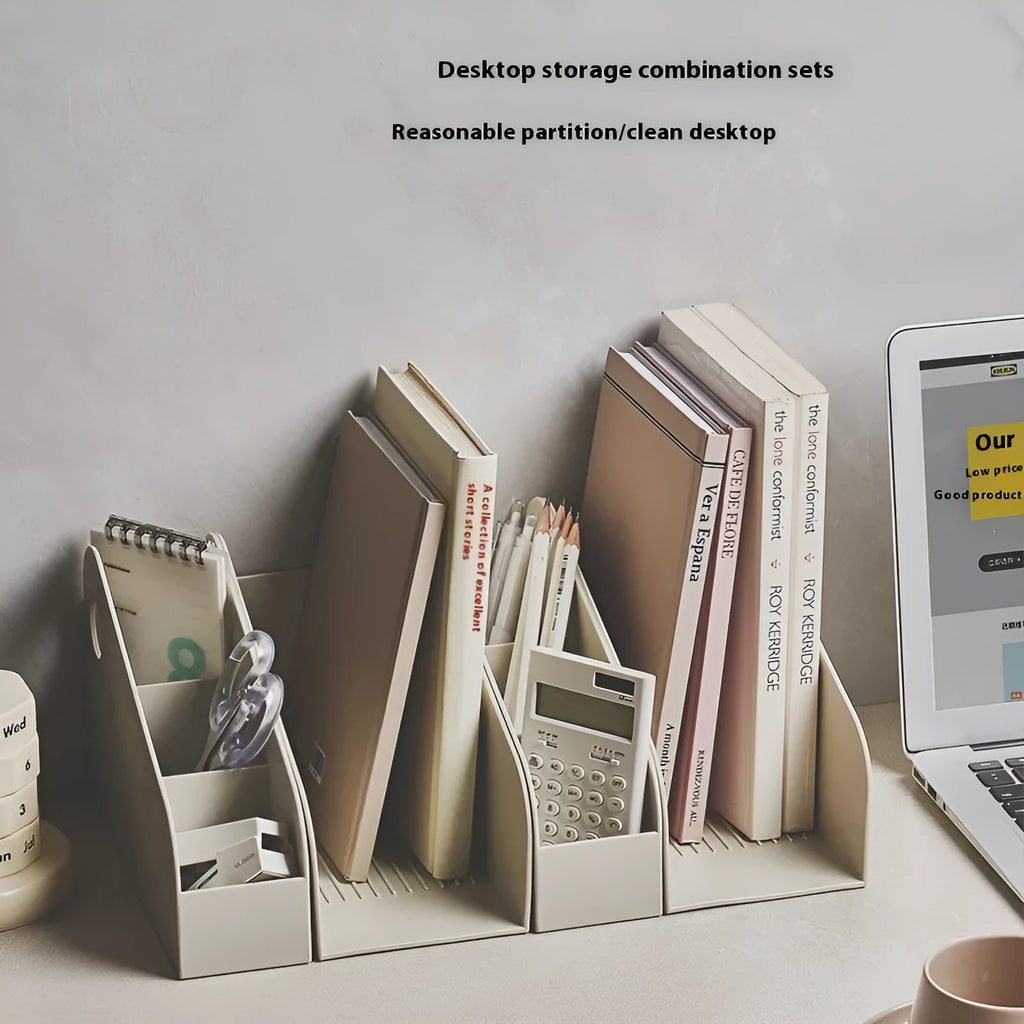 Desktop storage box with 2-layer plastic construction in ivory white or milk coffee colour