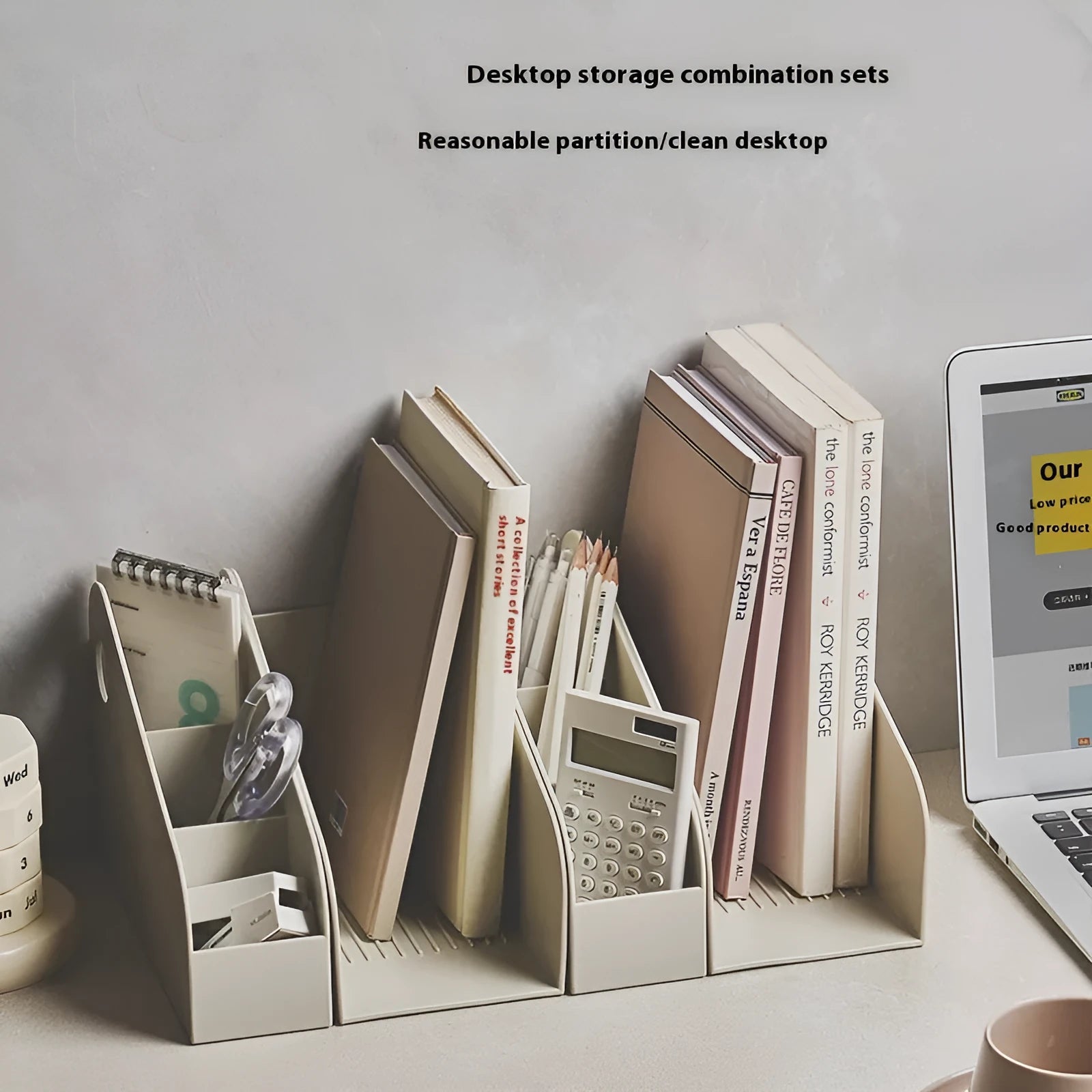 Desktop storage box with 2-layer plastic construction in ivory white or milk coffee colour