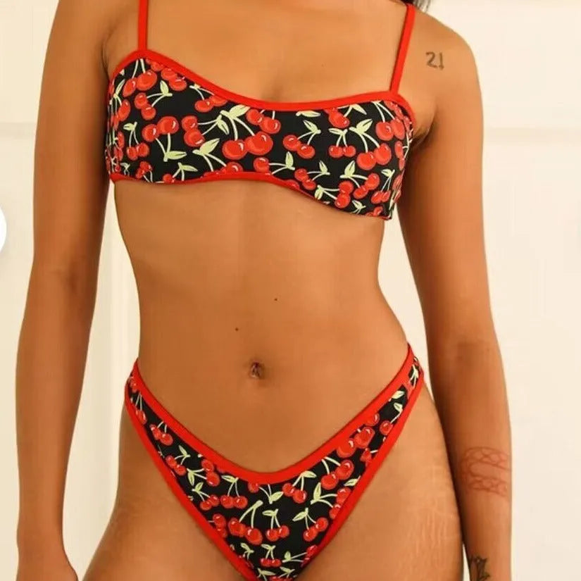 Women's cherry print floral tube top bikini swimsuit in polyester fabric