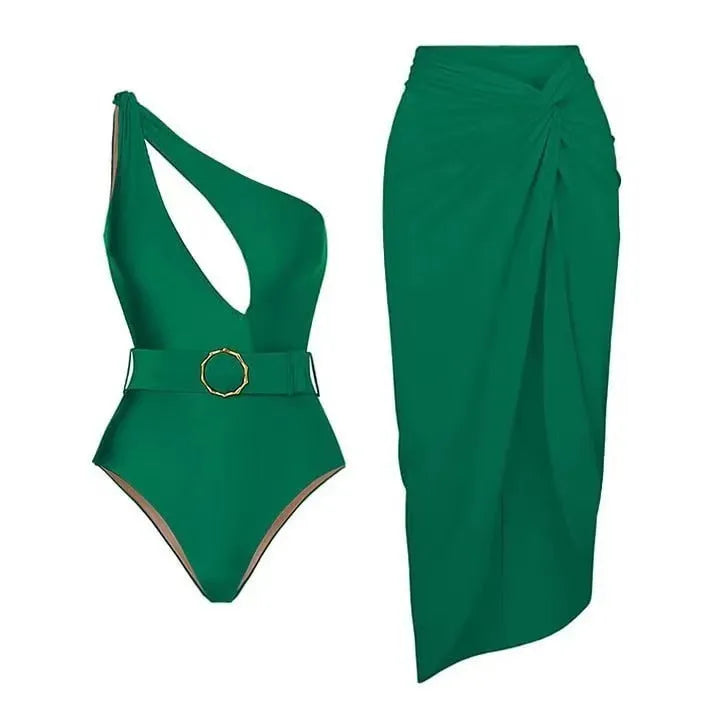 Women's one-piece swimsuit with gauze skirt in double-shoulder and oblique-shoulder styles.