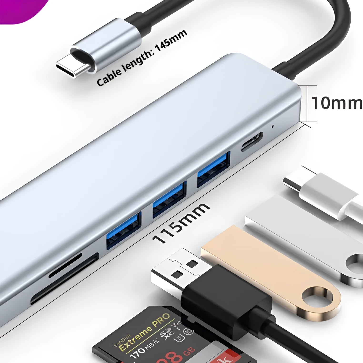 USB expander with Type-C connection and seven USB ports on 0.145 metre cable