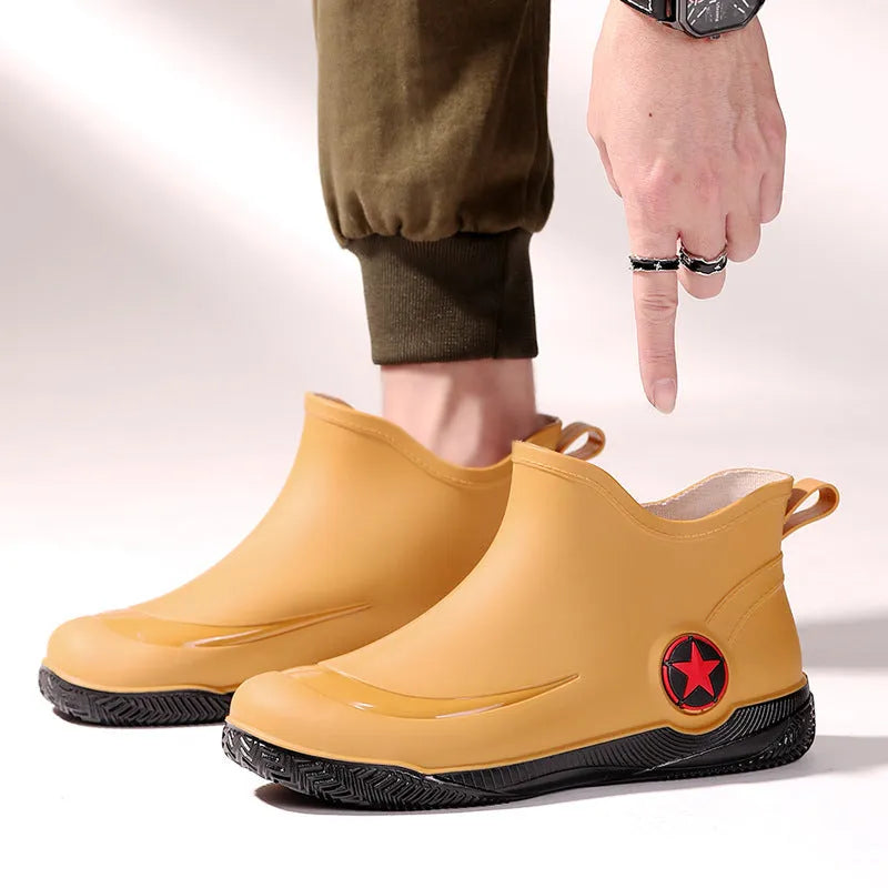 Men's low-cut rain boots in army green with non-slip PVC sole and short top