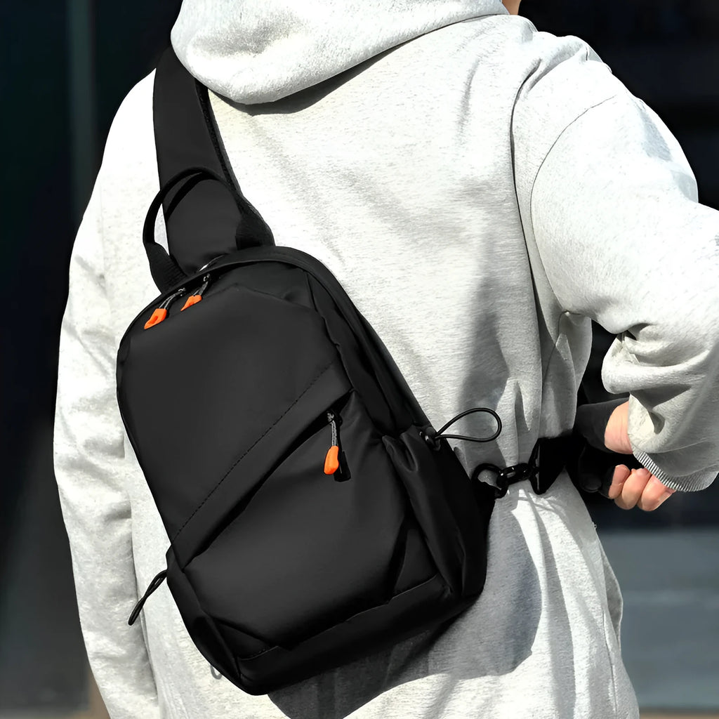 Men's black polyester crossbody bag with single shoulder strap