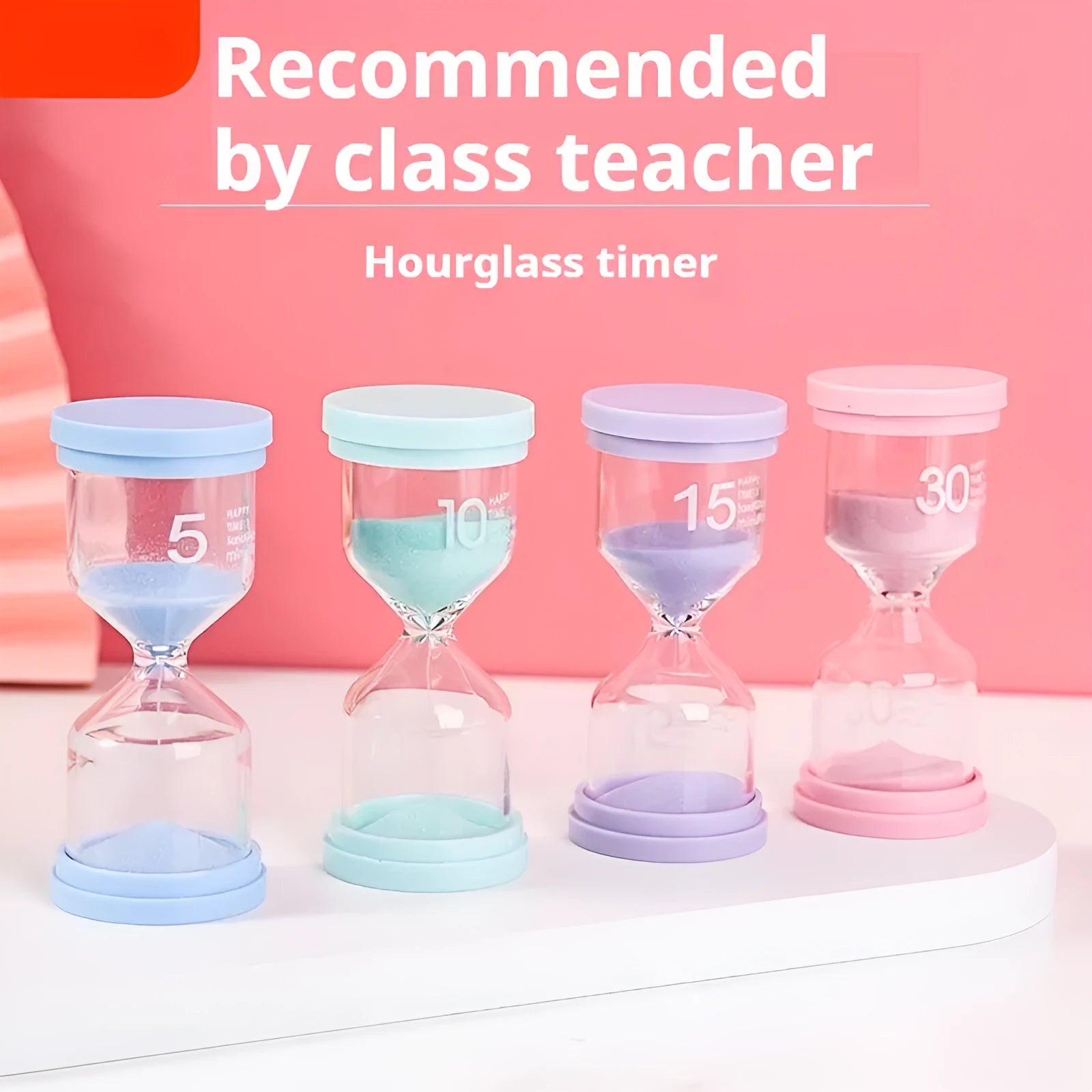 Handmade glass sand timer with blue sand, showing modern minimalist hourglass design.
