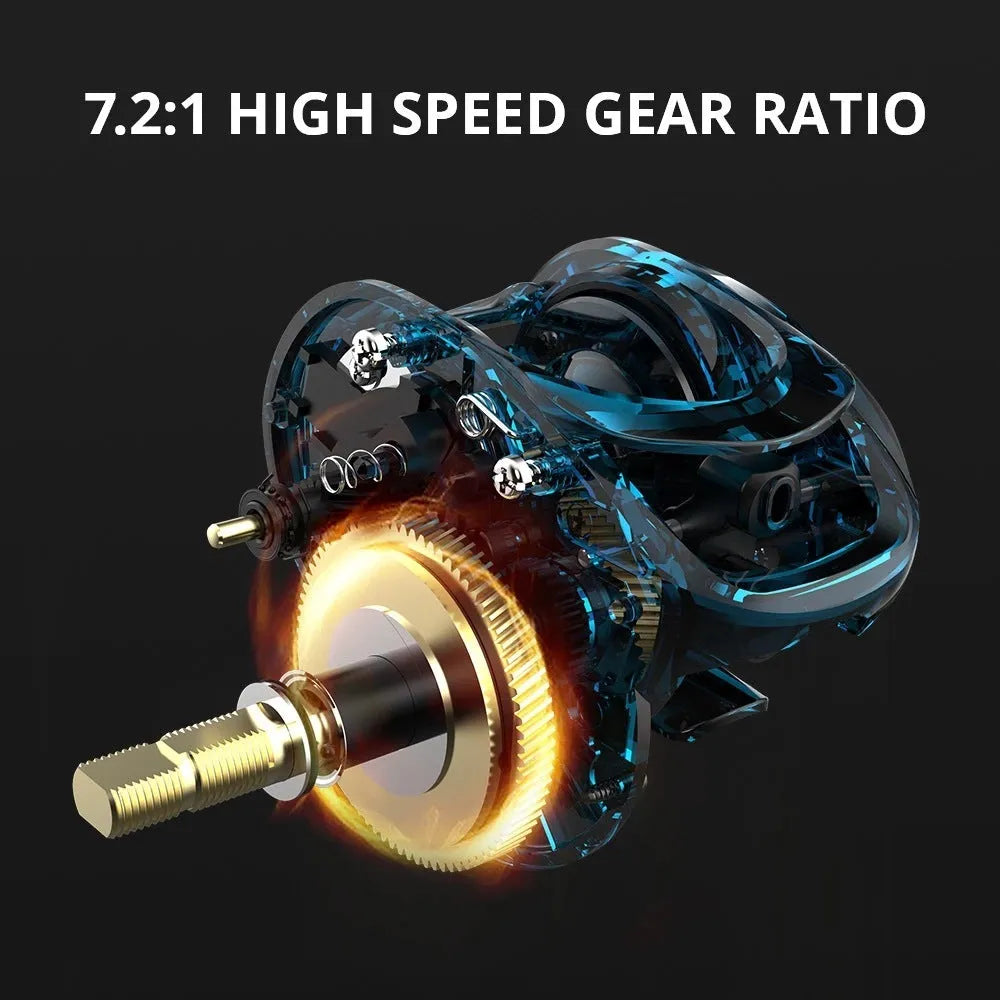Fishing rod spinning reel with drip wheel lure mechanism and rocking wheel line guide