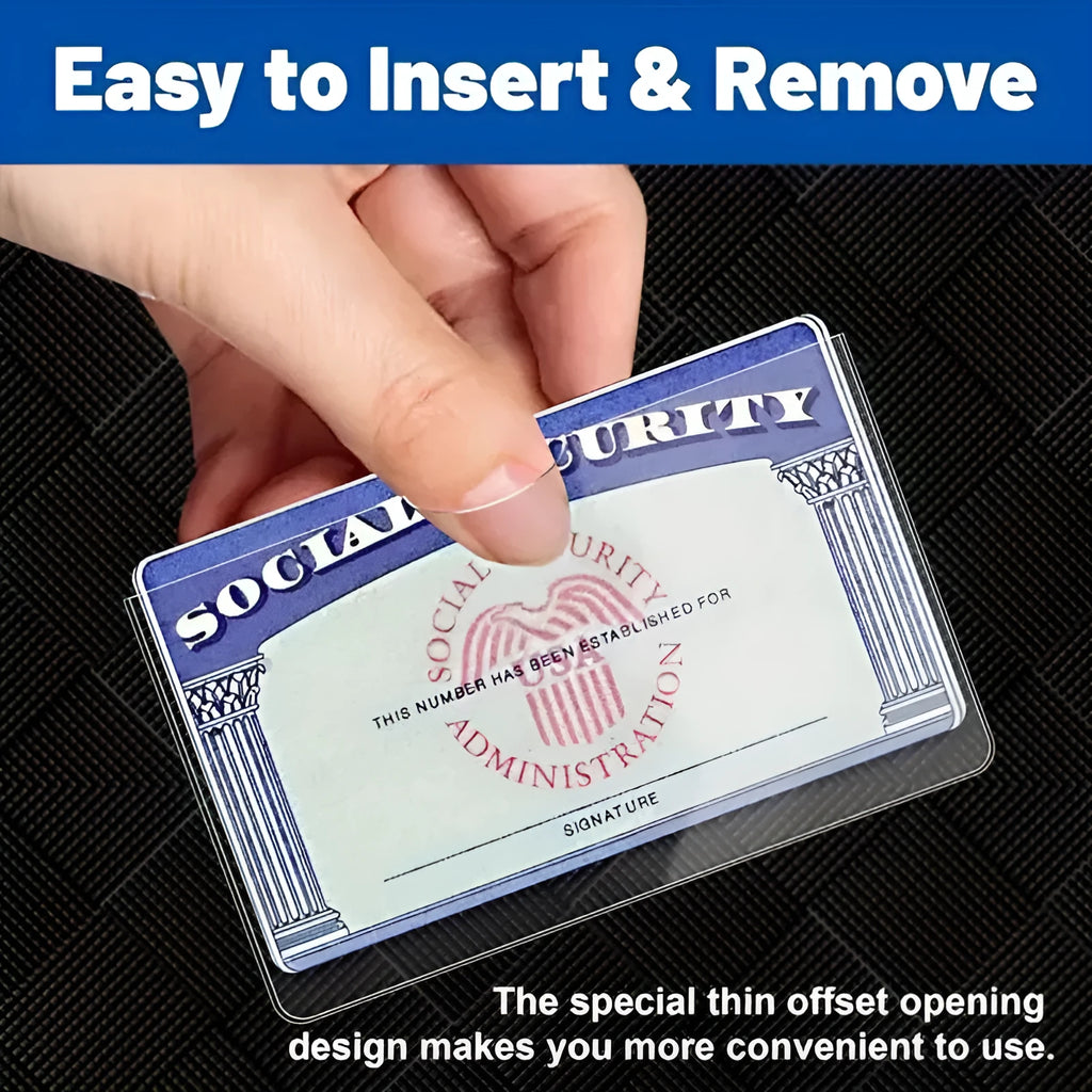 Clear PVC ID card holder showing social security card inside, measuring 9.7 by 5.9 centimetres