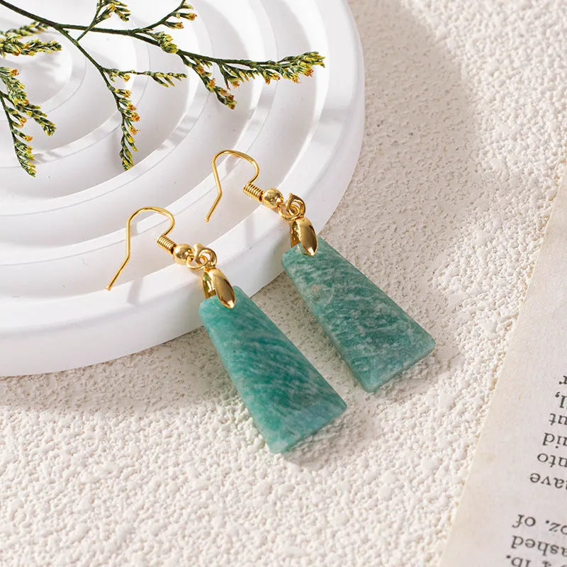 Geometric trapezoid earrings with amazonite rough stone in gold finish