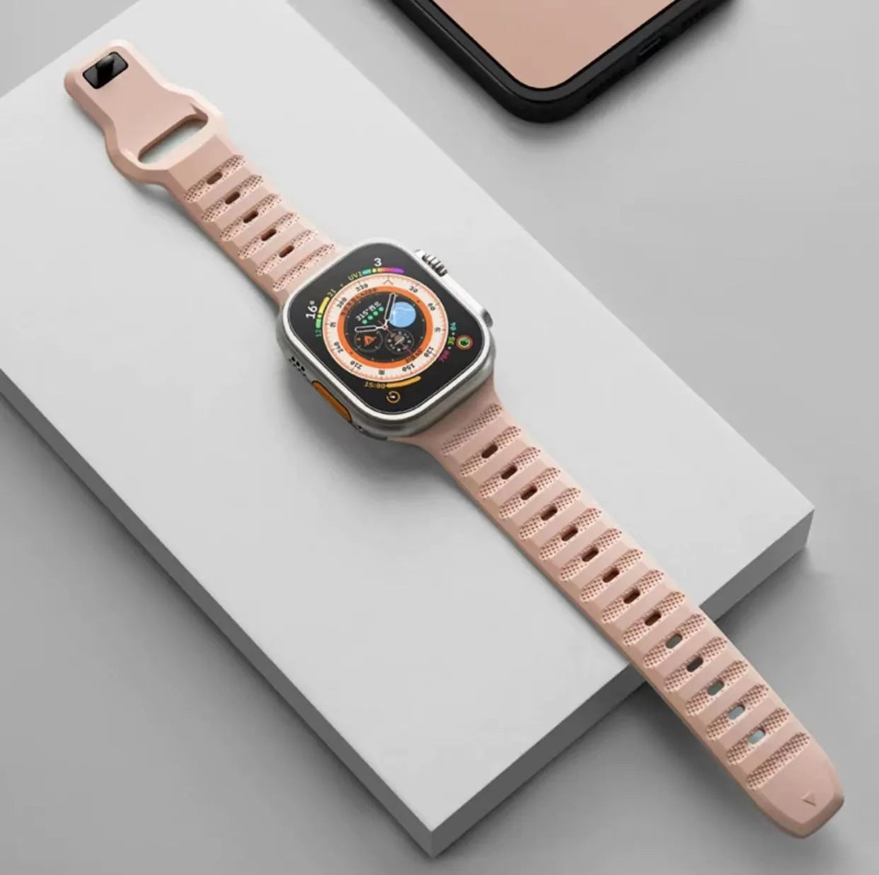 Fluoro rubber watch band with T buckle in black, orange, grey, pink, blue and starlight for iWatch Ultra and Series 1-8