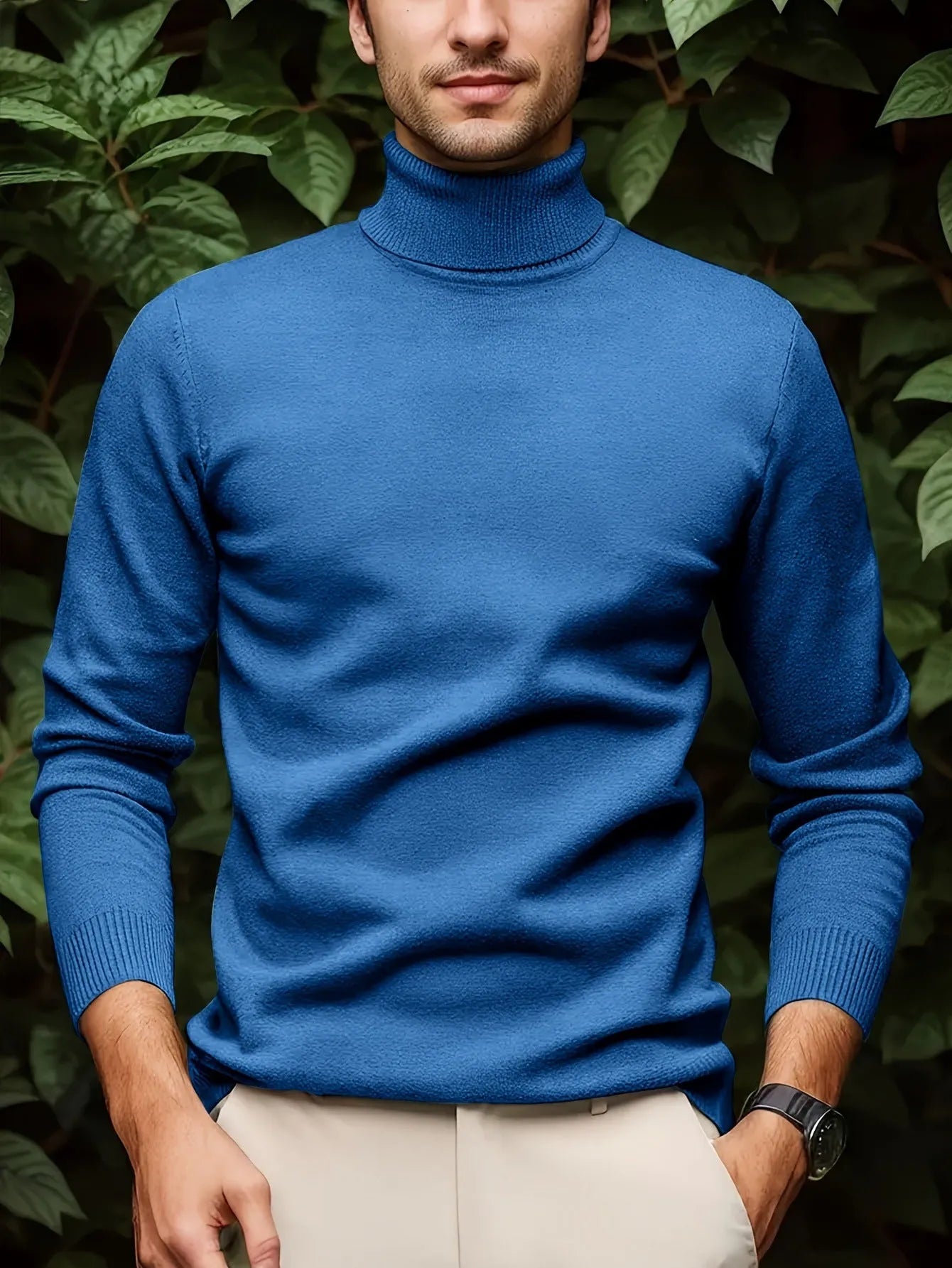 Men's solid colour soft viscose turtleneck sweater in black, front view