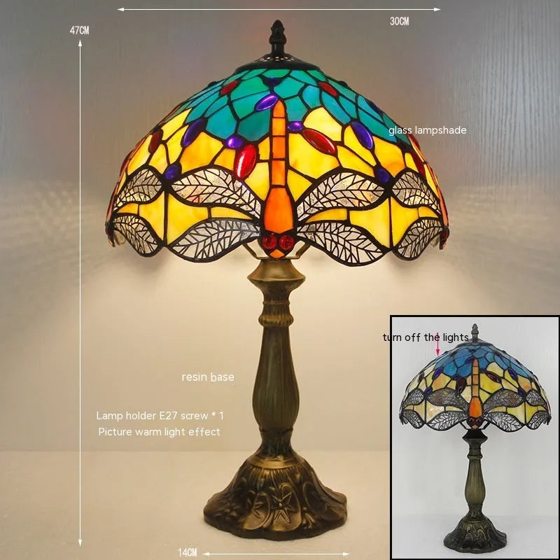 Tiffany dragonfly stone table lamp in European style with decorative blue and green motifs