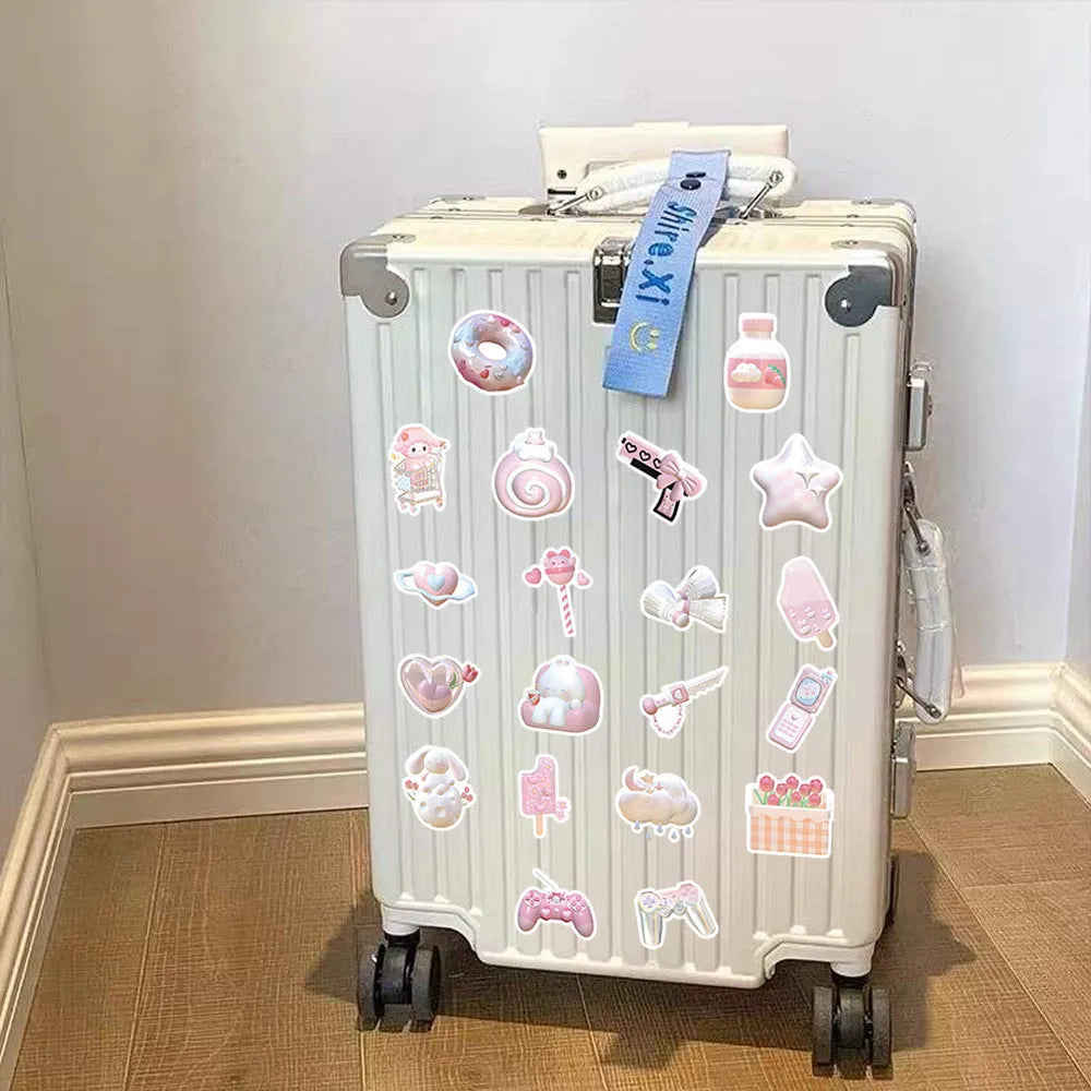 Pink girl heart decorative stickers with realistic 3D appearance in cute style, 63 pieces per pack