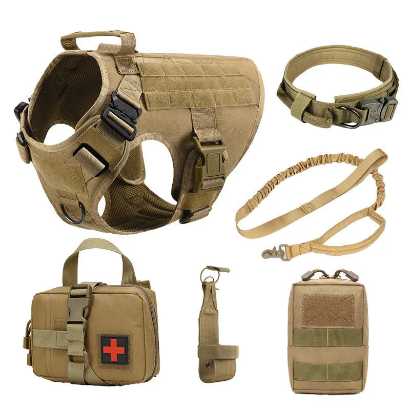 Polyester dog training battle suit vest set in camouflage, shown on a dog.