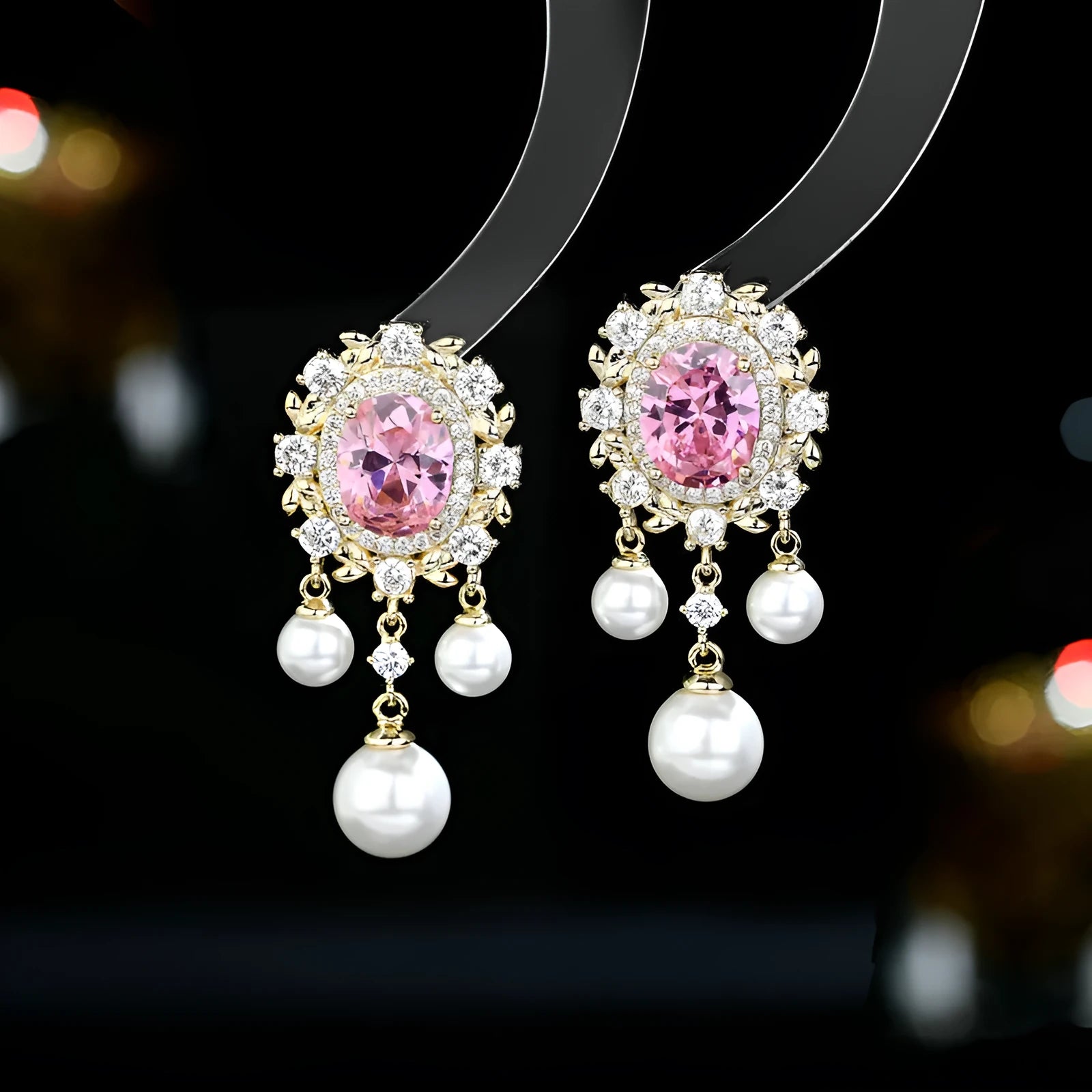 Oval geometric zircon inlaid pearl tassel earrings in light purple, pink, white or light blue colours