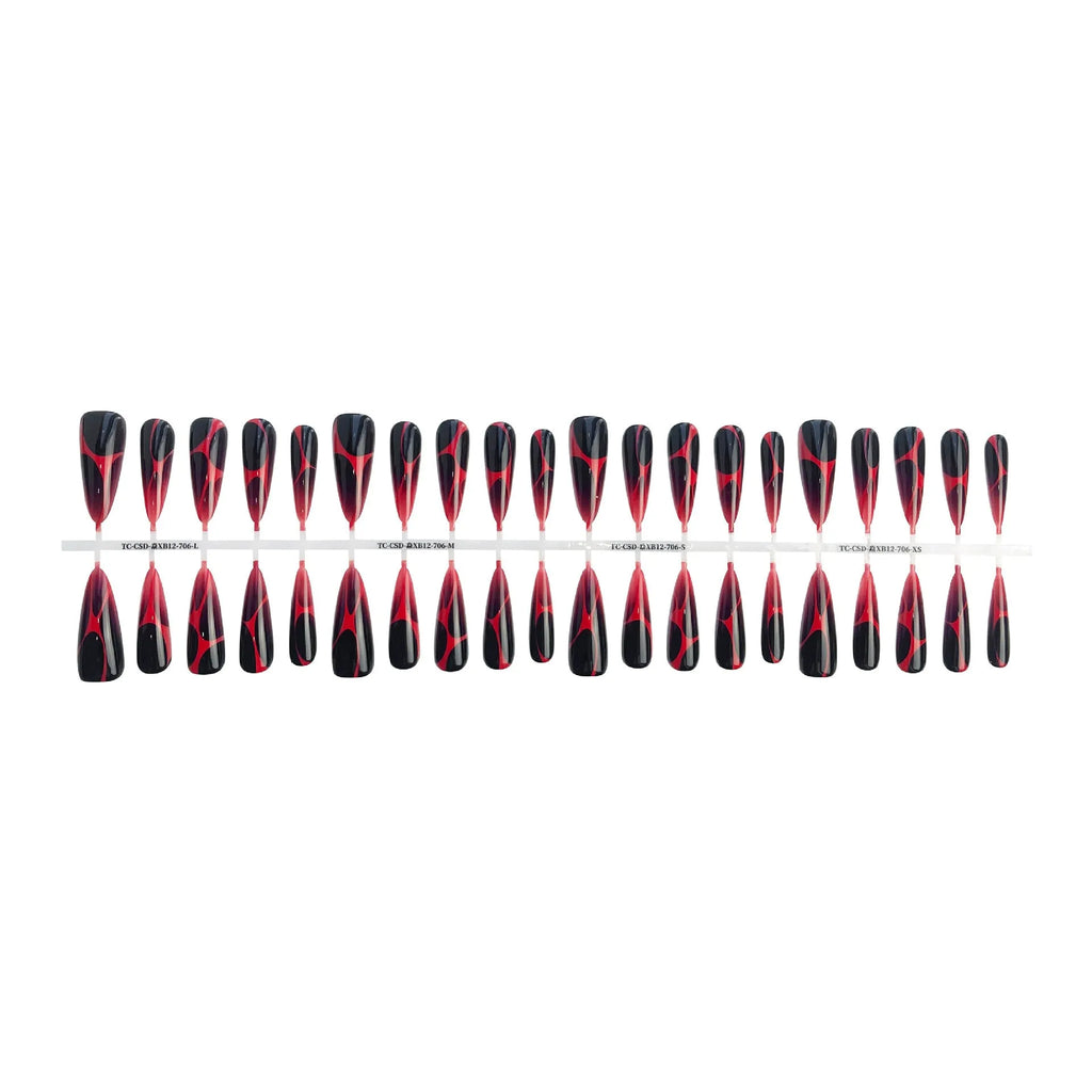 Gradient long tip press-on nails in European American wave line hot girl style with ultra-thin seamless build, 40 pieces for 4 sets