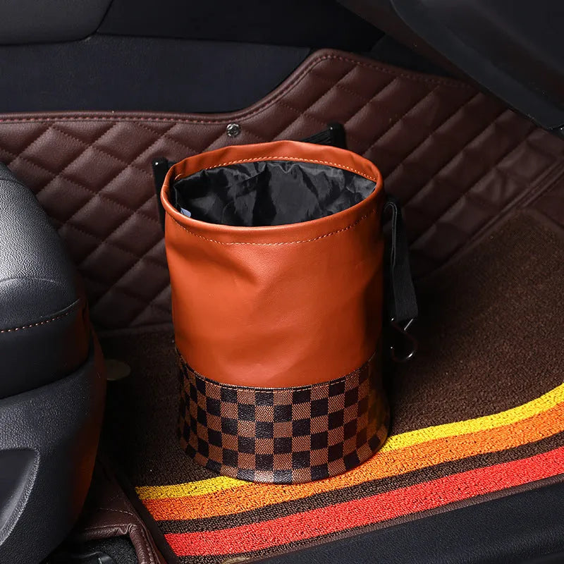 Leather retractable car trash can shown in folded and open states, with handle and waterproof construction.