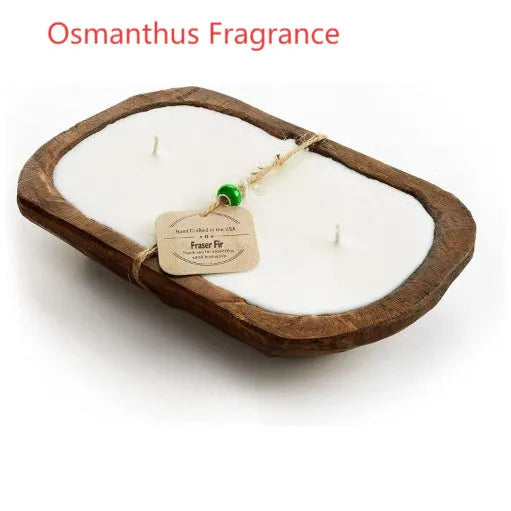Retro-style wooden basin containing a Lavender soy wax aromatherapy candle with three visible wicks.