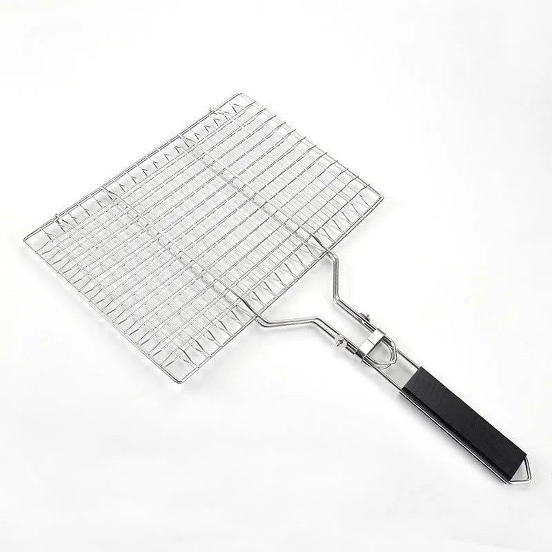 Square stainless steel barbecue mesh basket with folding design and cleaning brush for outdoor grilling