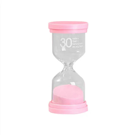 Handmade glass sand timer with blue sand, showing modern minimalist hourglass design.