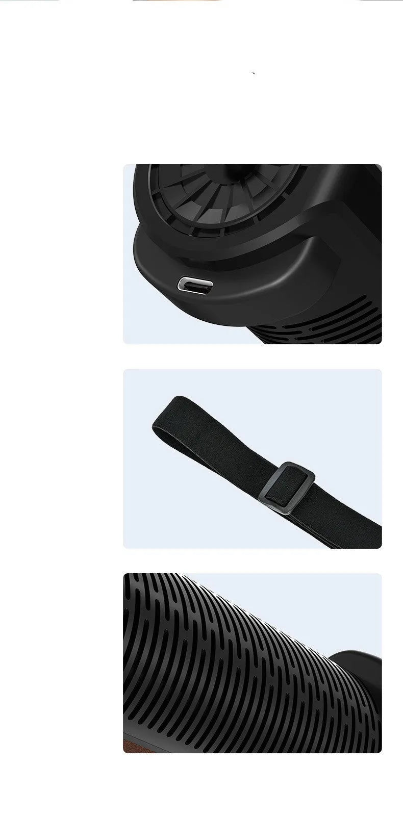 Black bladeless car fan with USB cable on vehicle dashboard showing compact 57mm height design
