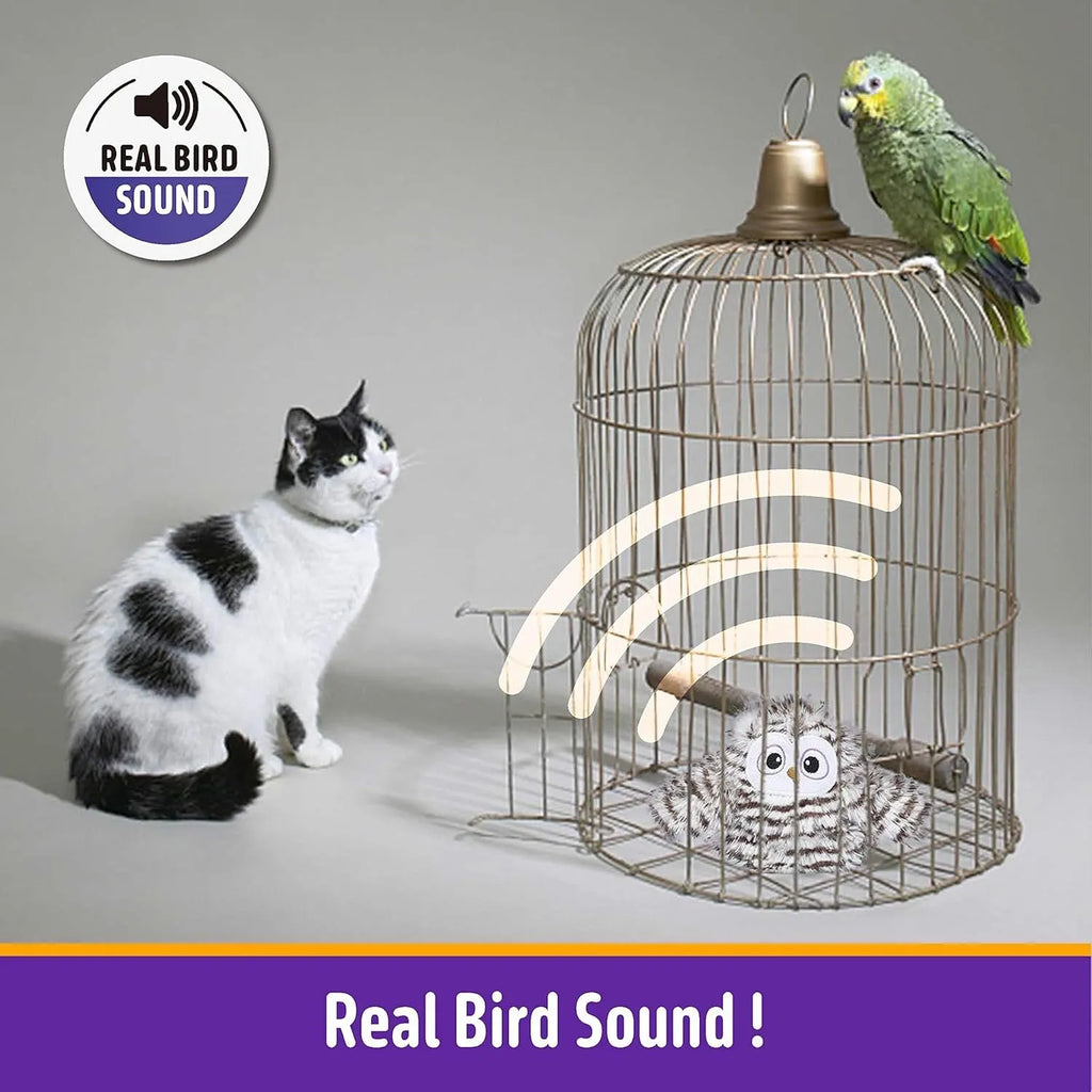 Grey interactive owl cat toy with flapping wings for indoor feline play