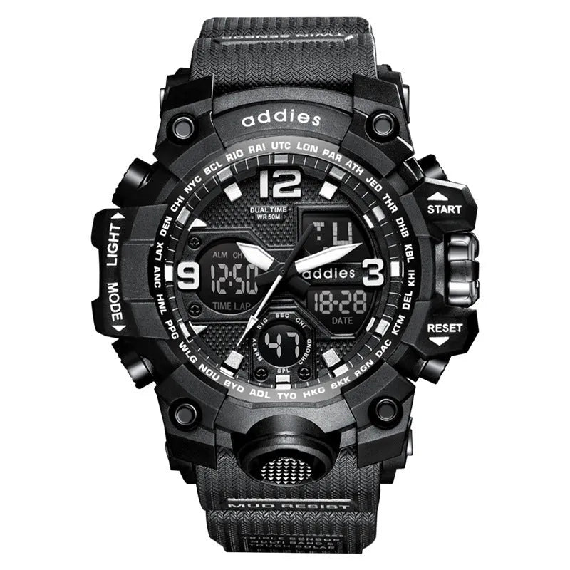 Electronic sports watch with dual analogue and digital display on plastic strap