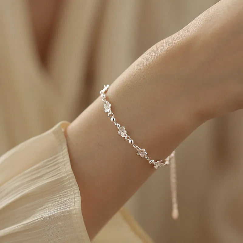 Silver copper bracelet with flower design for women, fresh style, SL-489