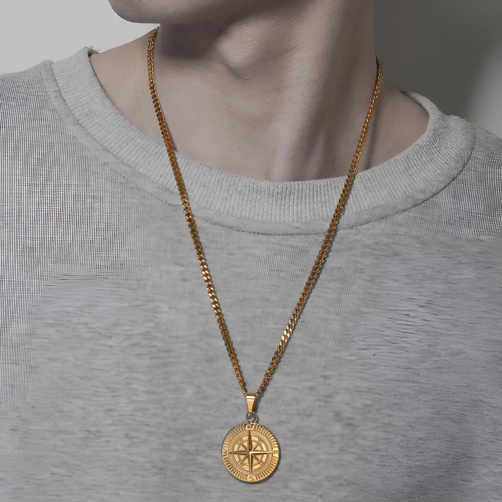 Titanium steel compass pendant necklace in gold, silver and black colours with regular chain
