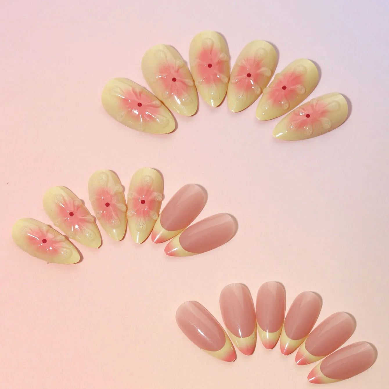 Simple fake nails set with 3D cartoon flowers, jelly glue, and a nail file on colour TY-318.