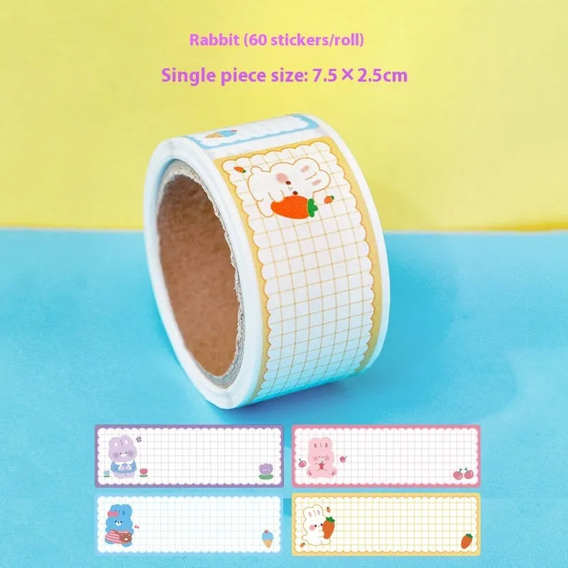 Roll of colourful cartoon name tape stickers showing Dinosaur, Astronaut, Rabbit, and Girl design options.