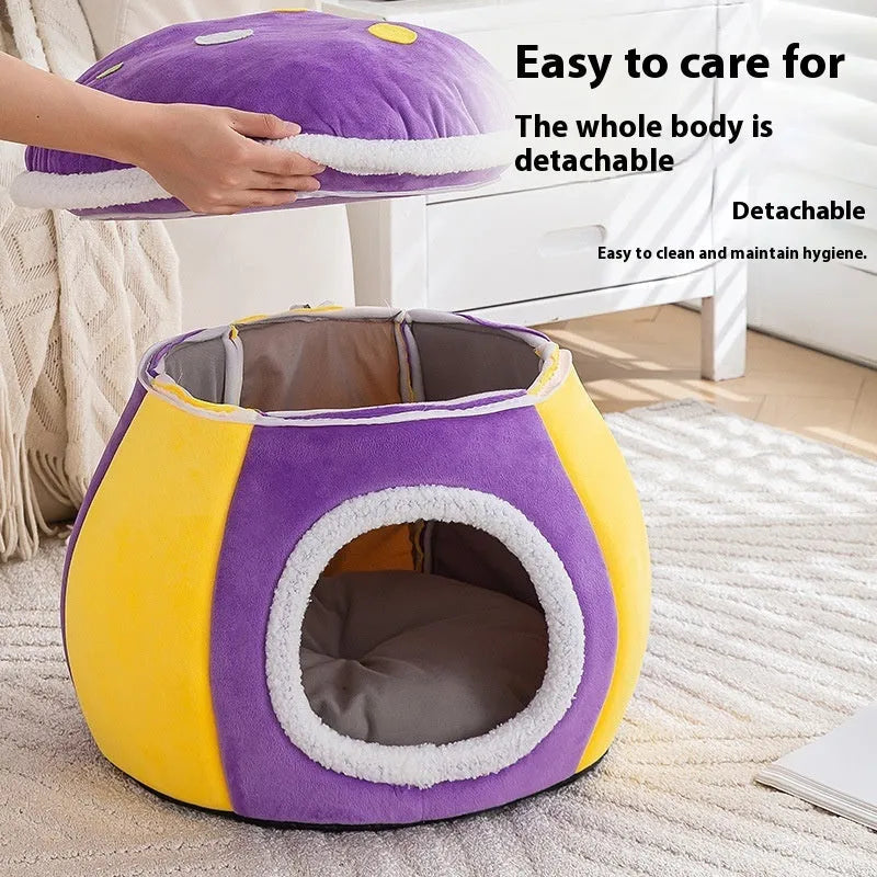 Grey mushroom-shaped plush cat bed showing enclosed cave design for cats.