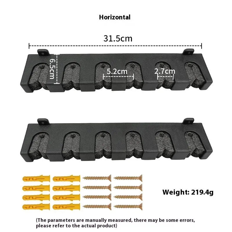 Black ABS plastic wall-mounted fishing rod holder in horizontal and upright styles.