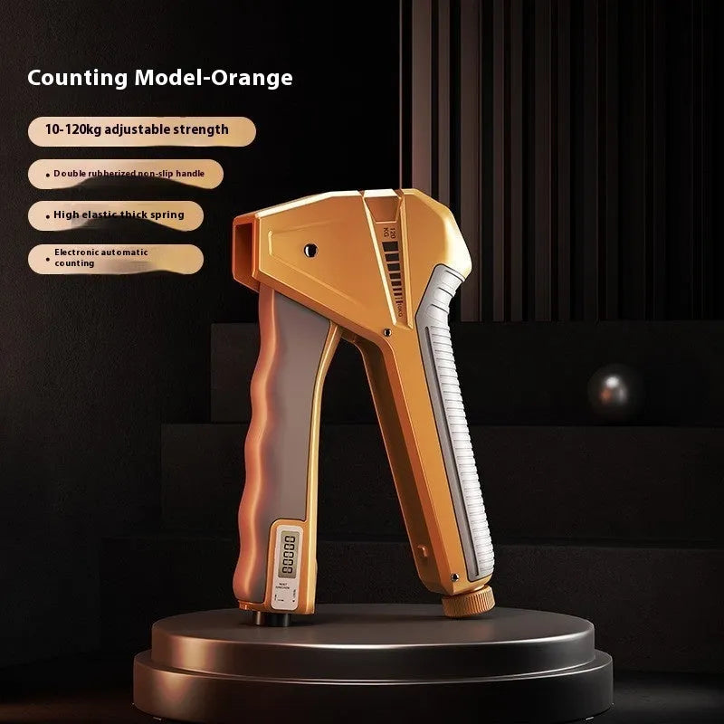 Adjustable hand gripper strength trainer with mechanical counter display, shown in orange colour.