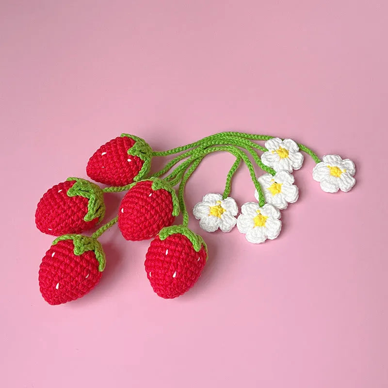 Handmade wool crochet strawberry pendant necklace with woven detail on 35cm cord
