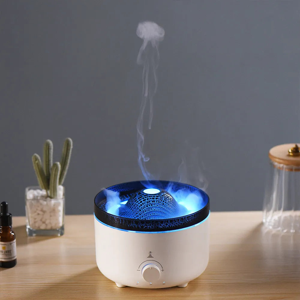 White ultrasonic simulated flame humidifier with remote control and low noise, 162x162x128mm