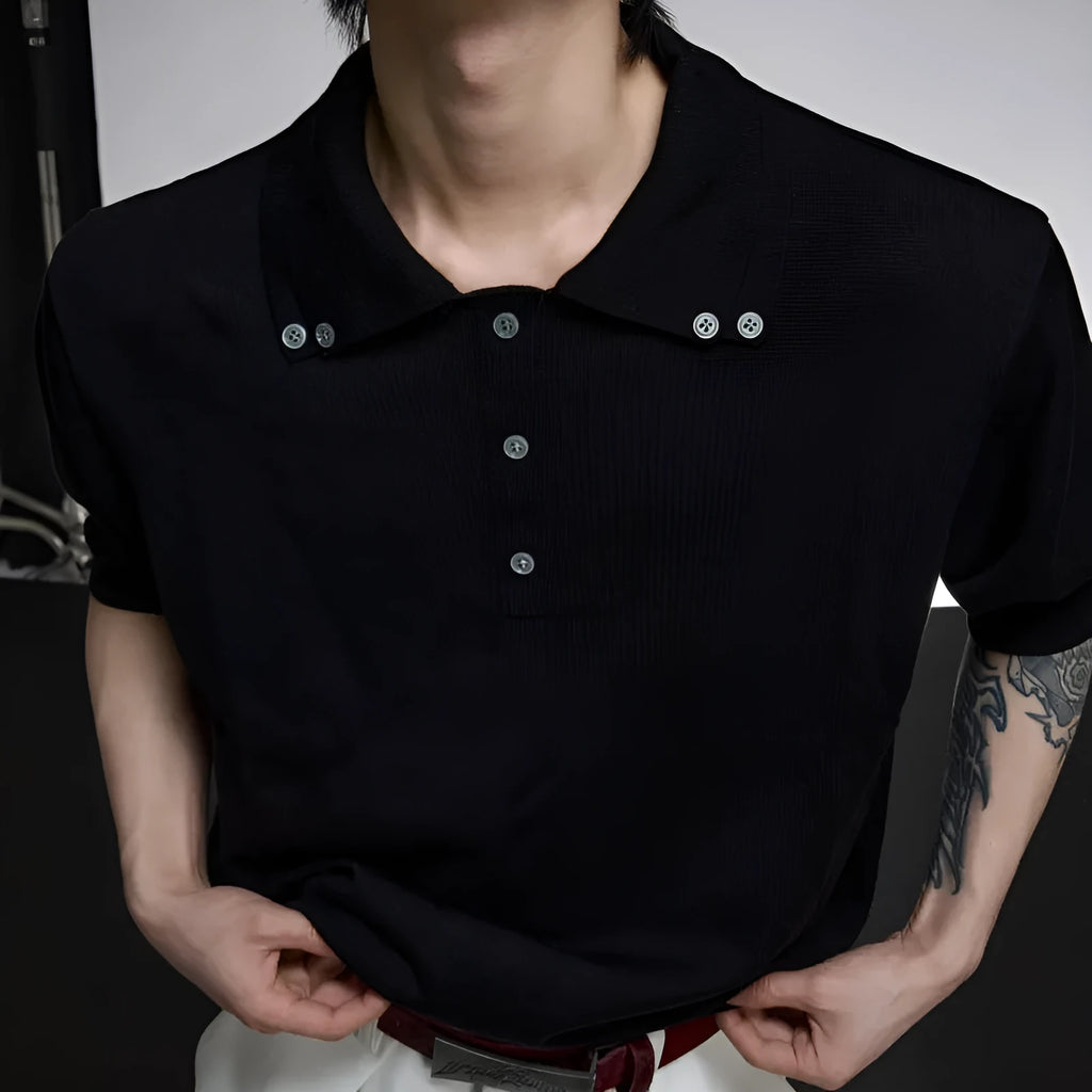 Men's black loose fit short sleeve shirt with lapel collar in polyester knit fabric