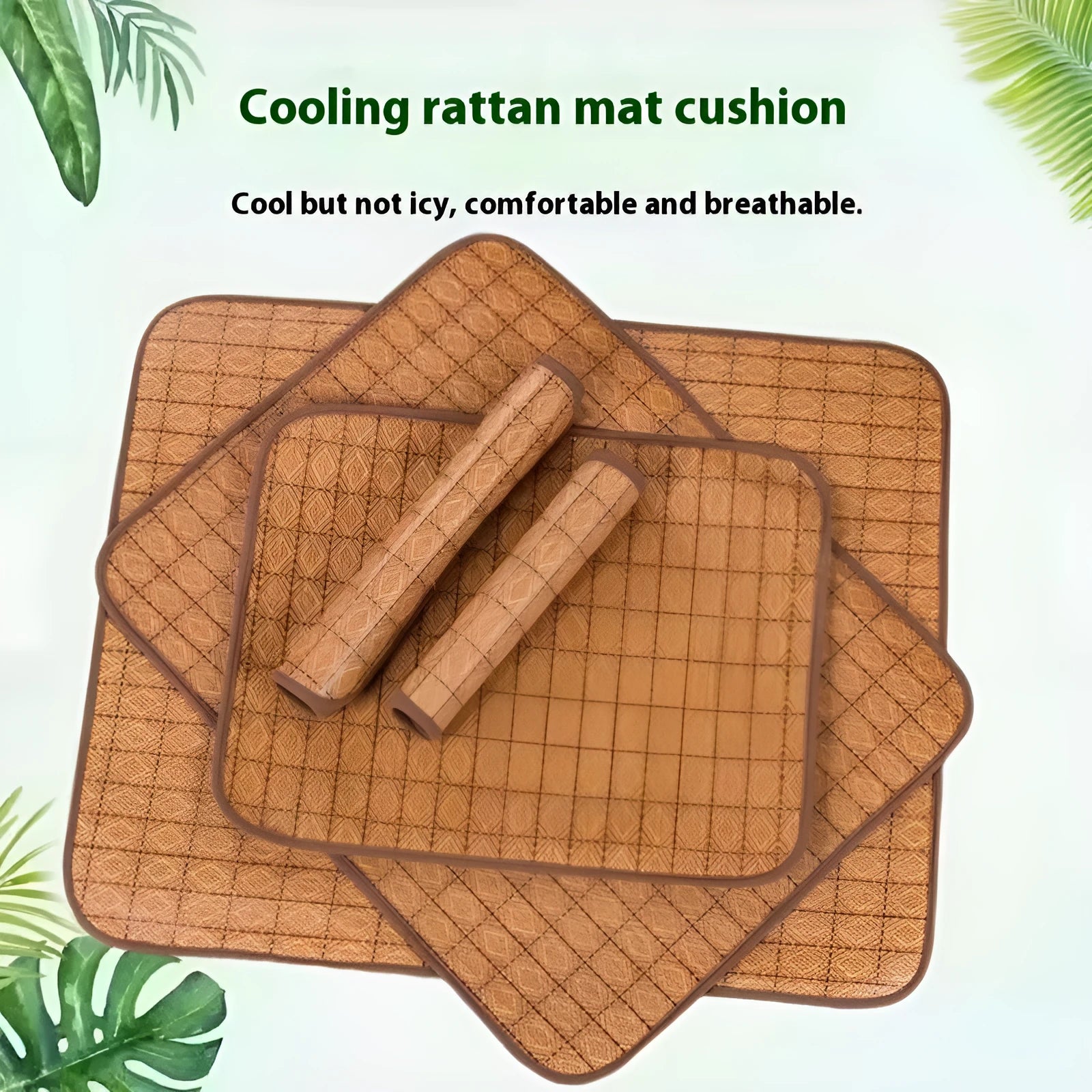 Brown woven rattan cooling sleeping mat for dogs on a floor, shown in a large size.