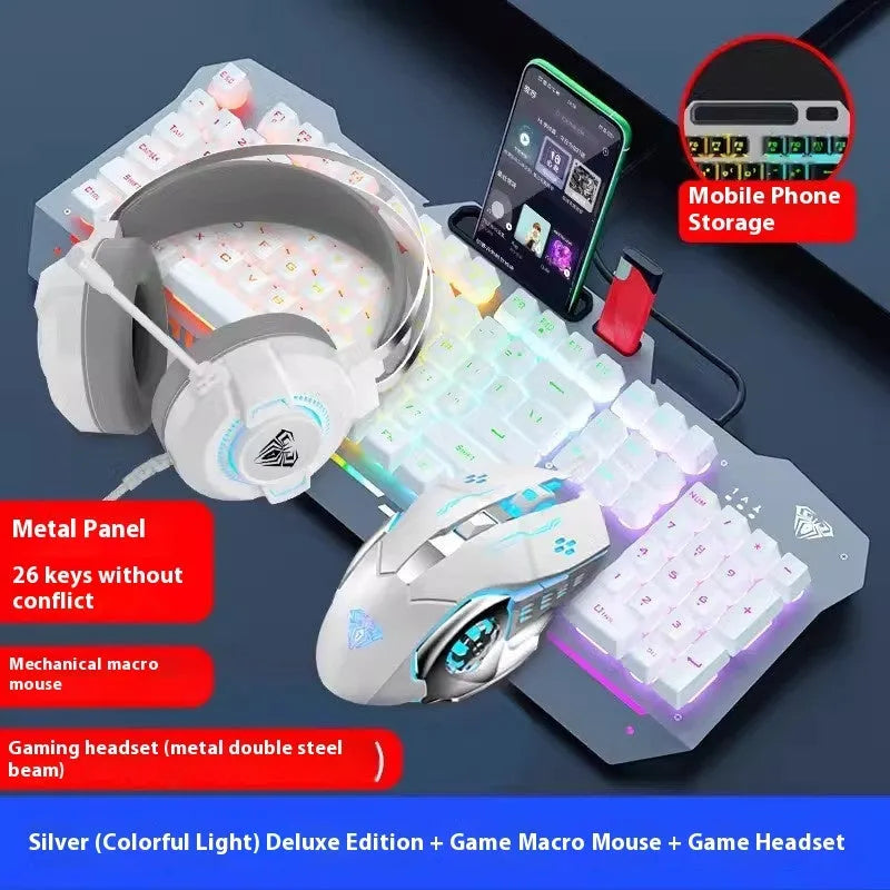 Black and white wired keyboard mouse headset bundle for desktop computer setups