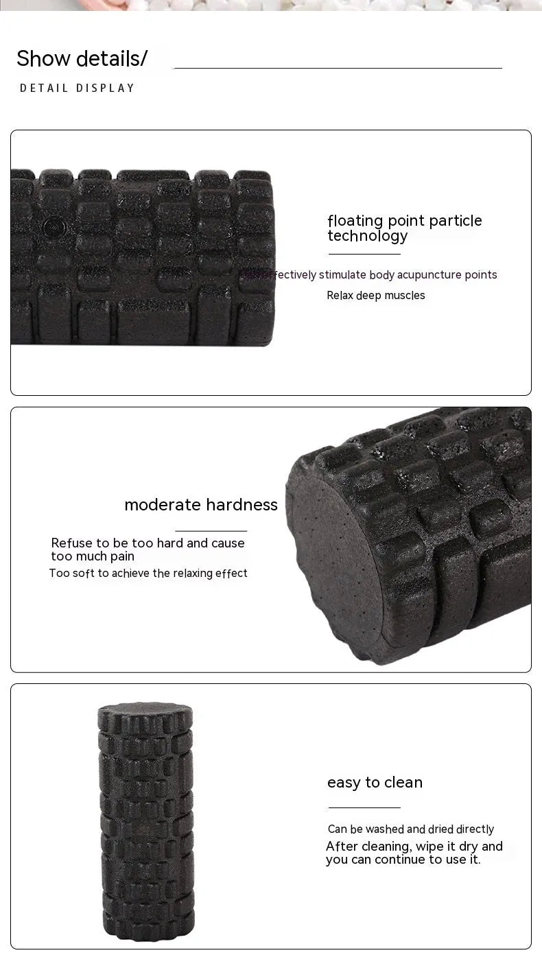 Hollow black EPP foam roller 33x14cm on flat surface for Pilates and balance exercises