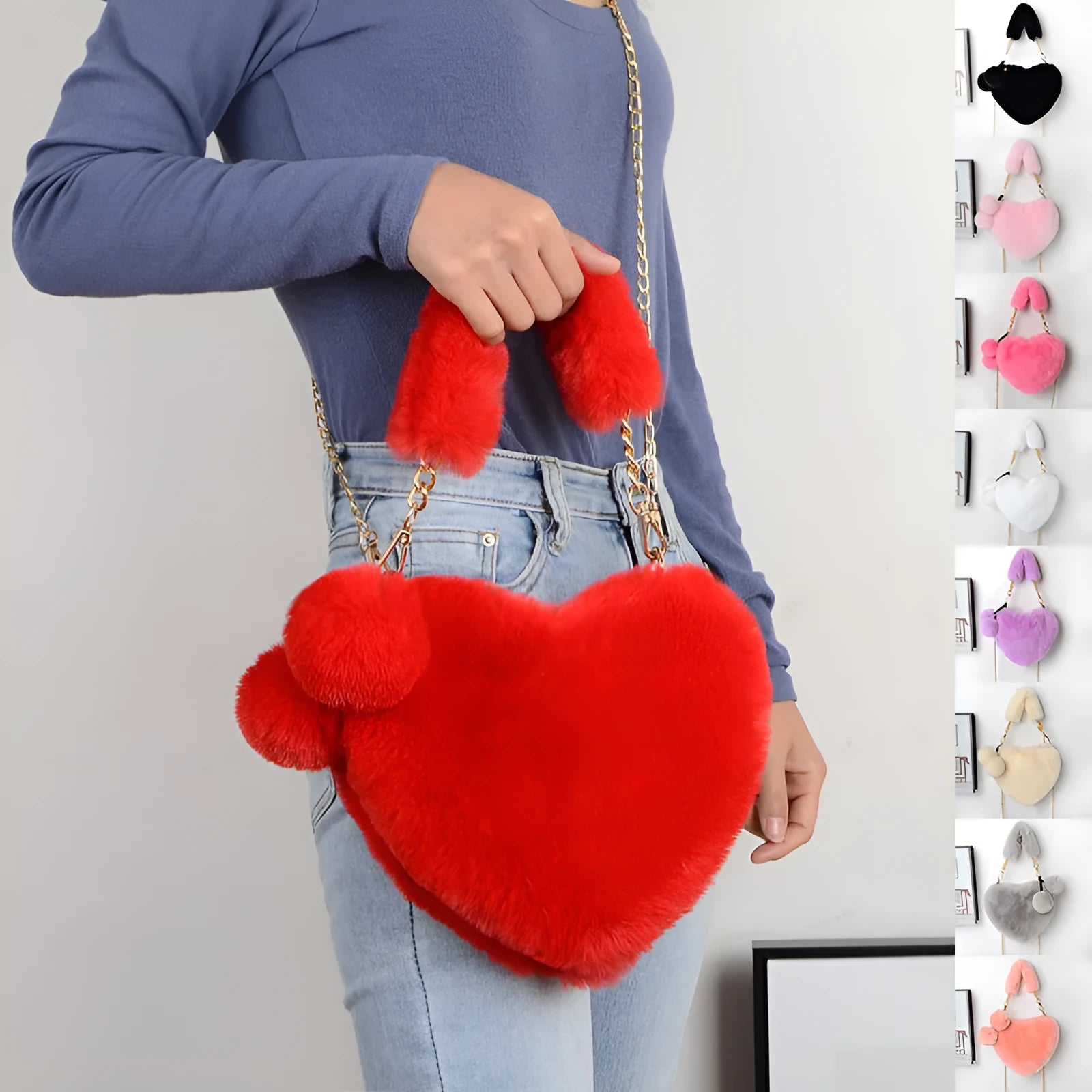 A soft, heart-shaped plush handbag for women in a medium size with a detachable shoulder strap.