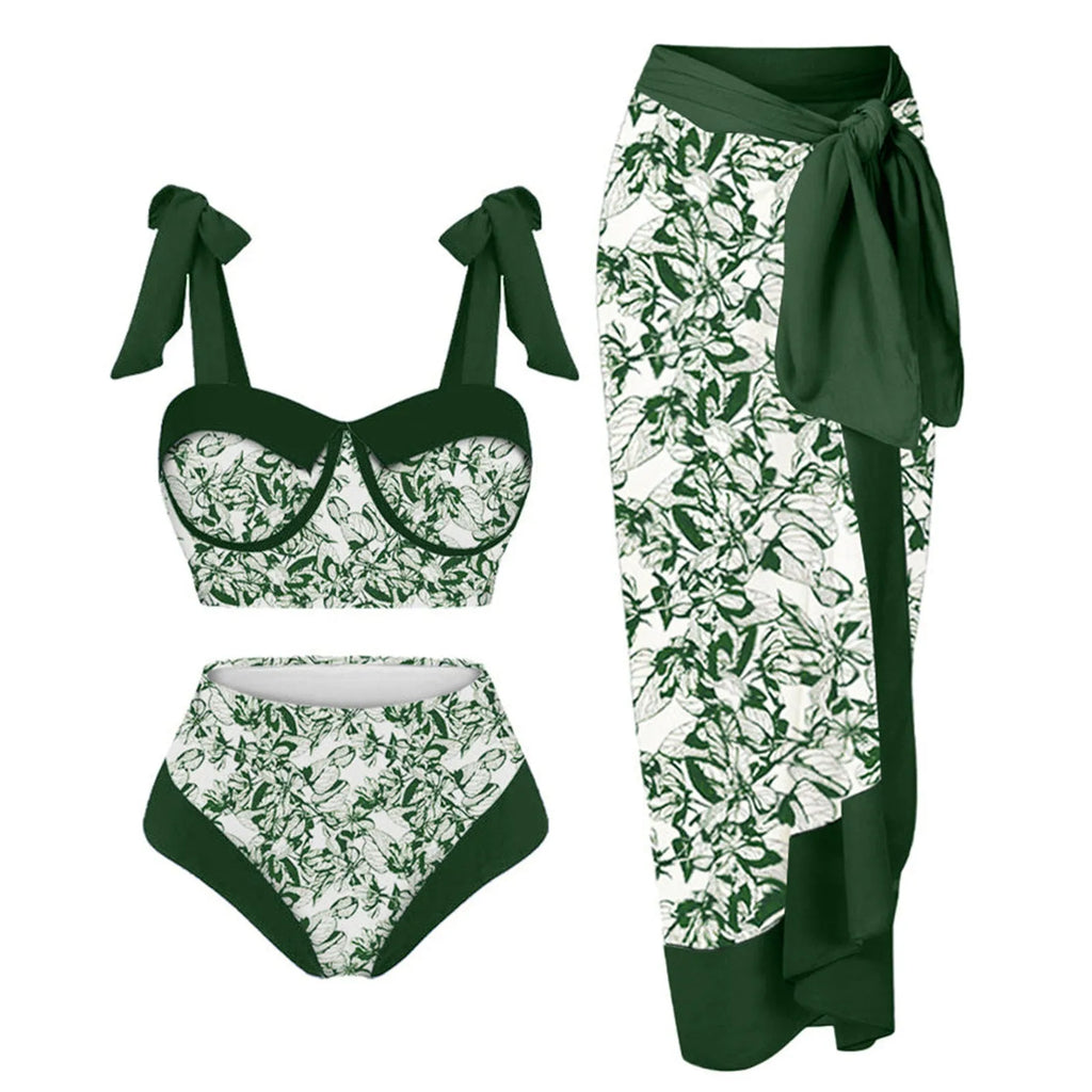 Women's printed three-piece swimming costume with bra, skirt and briefs in polyester fabric