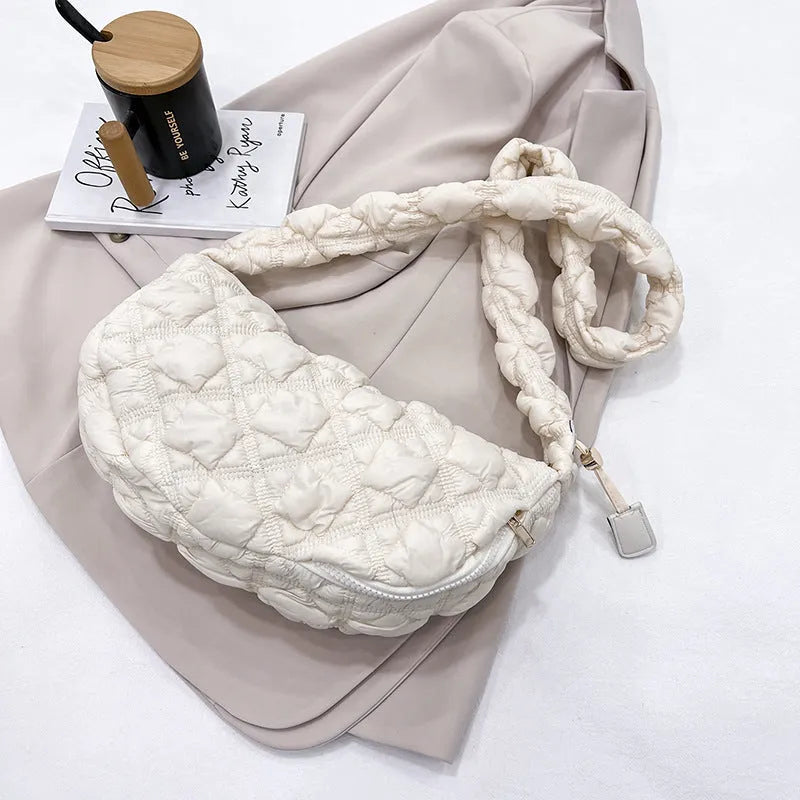 Women's casual nylon underarm messenger bag in beige colour showing dimensions and adjustable shoulder strap
