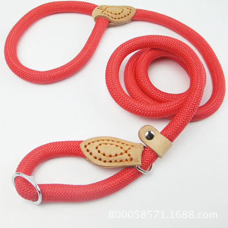 Brown nylon P chain dog leash with hand-holding rope, shown at full 2.1m length.