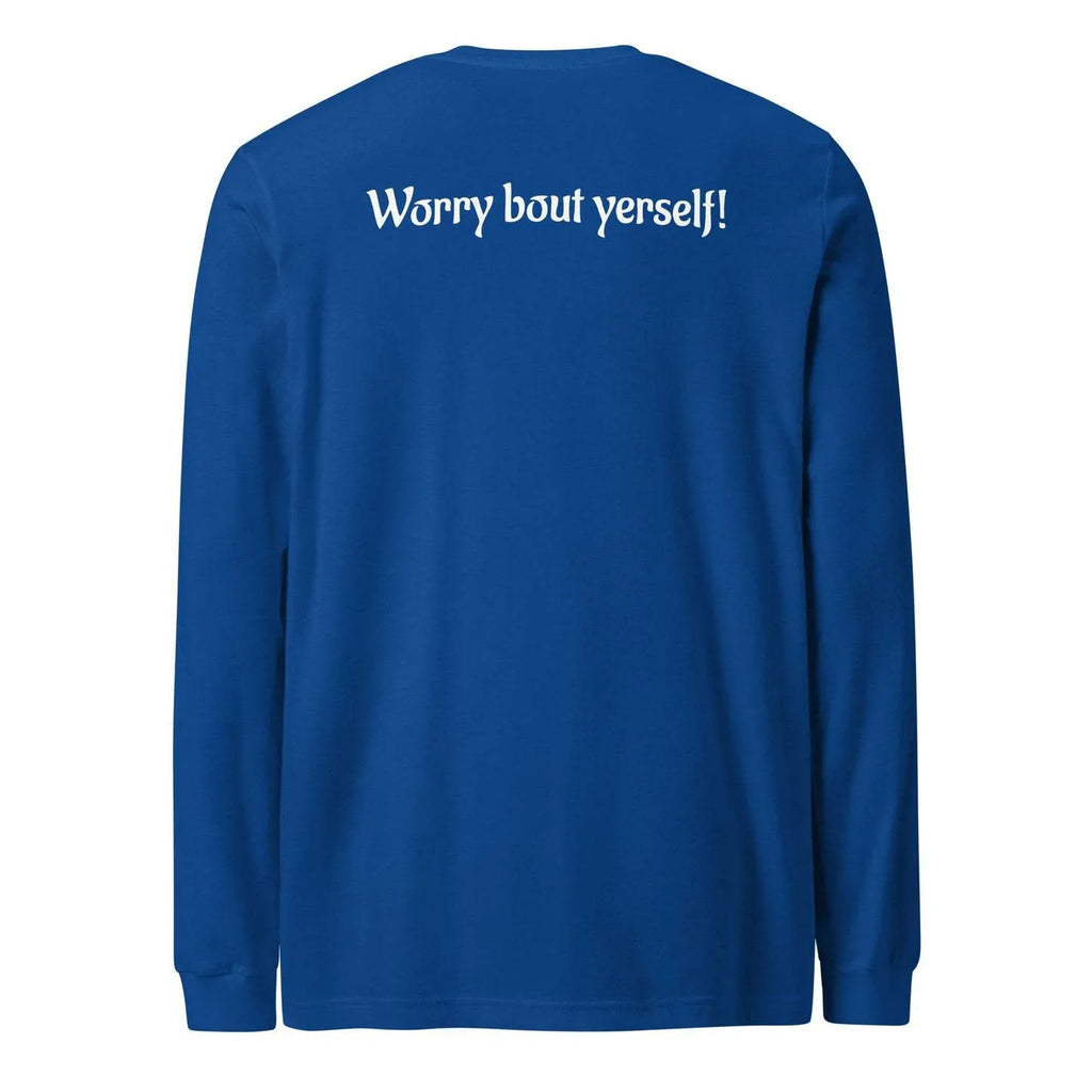 Men's blue loose fit pullover sweater with printed letters and patterns, round neck casual design