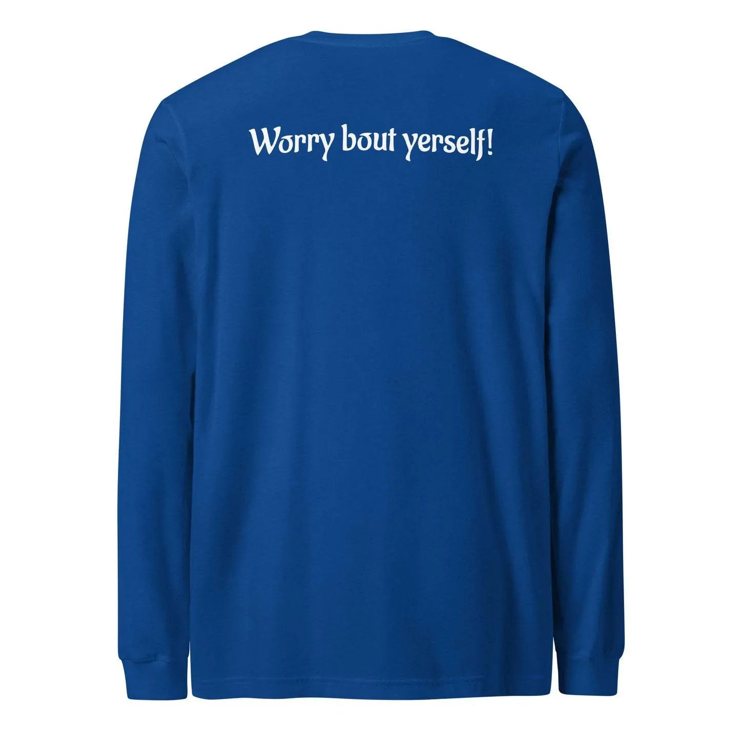 Men's blue loose fit pullover sweater with printed letters and patterns, round neck casual design