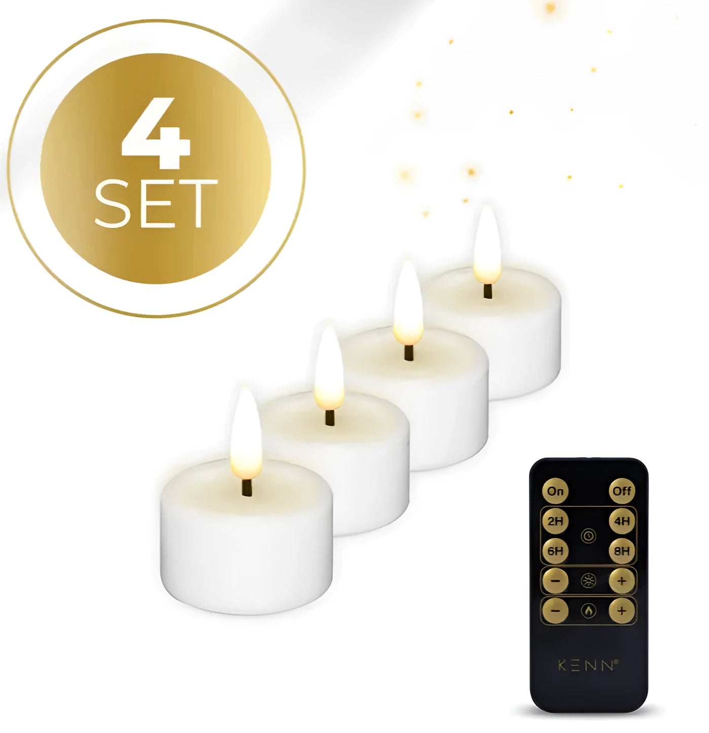 Set of four white S4 LED flameless tealight candles showing size and colour.