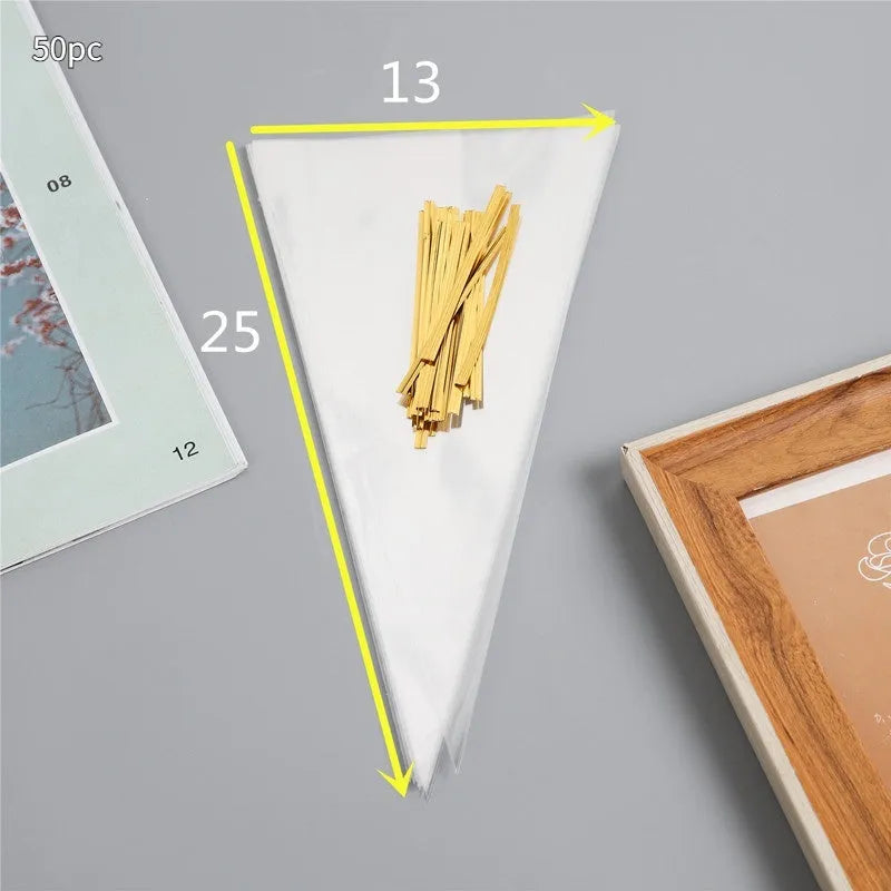 Clear triangle-shaped plastic bag with a twisted metal tie wire closing the top.