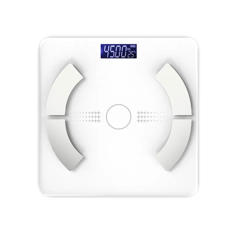 Smart Bluetooth rechargeable body fat scale in white, black, or pink colour on a bathroom floor.