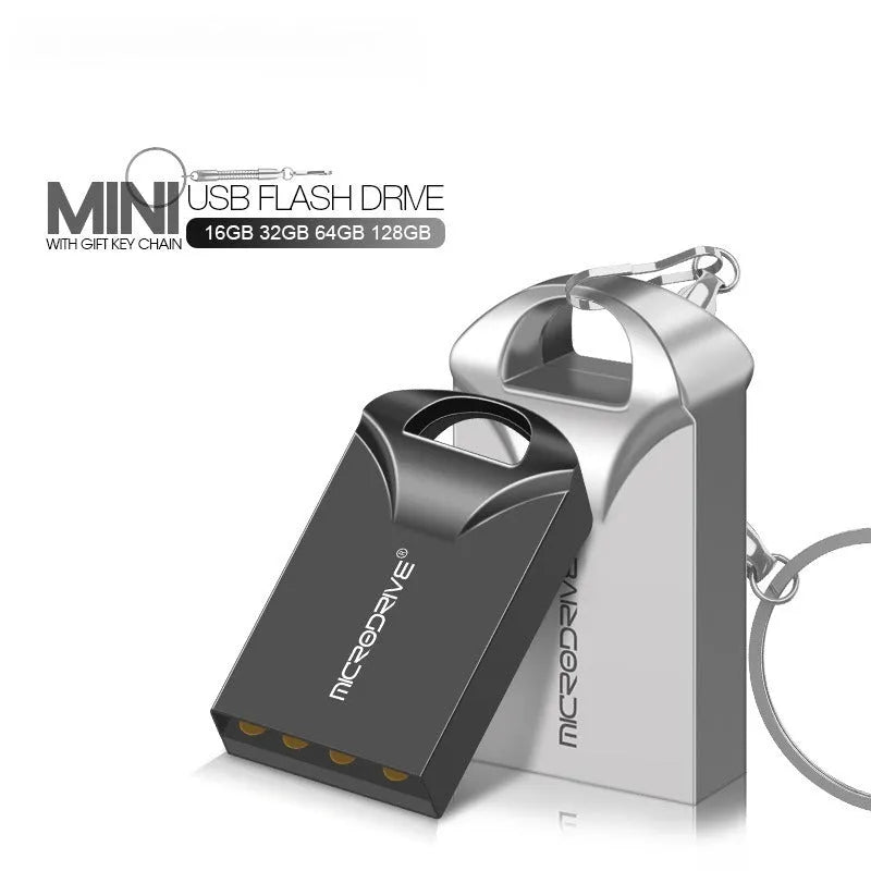 Mini metal USB flash drive in black or silver measuring 23x12x8mm with capacities from 4GB to 128GB